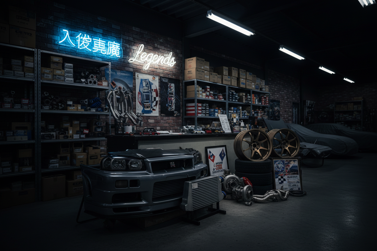 Pretty good. Can you make it a bit 'tuner'. Maybe a skyline bumper somewhere, good set of wheels. You've got most of the goods here, just need a bit more. Also can you upscale the quality as this will be used as a banner Hero picture on the landing page of my shopify store. Maybe a 16:9 ratio please?